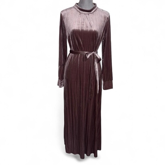 Dresses & Skirts - Velvet Long Sleeve Maxi Dress with Self-Tie Belt - Dusty Mauve